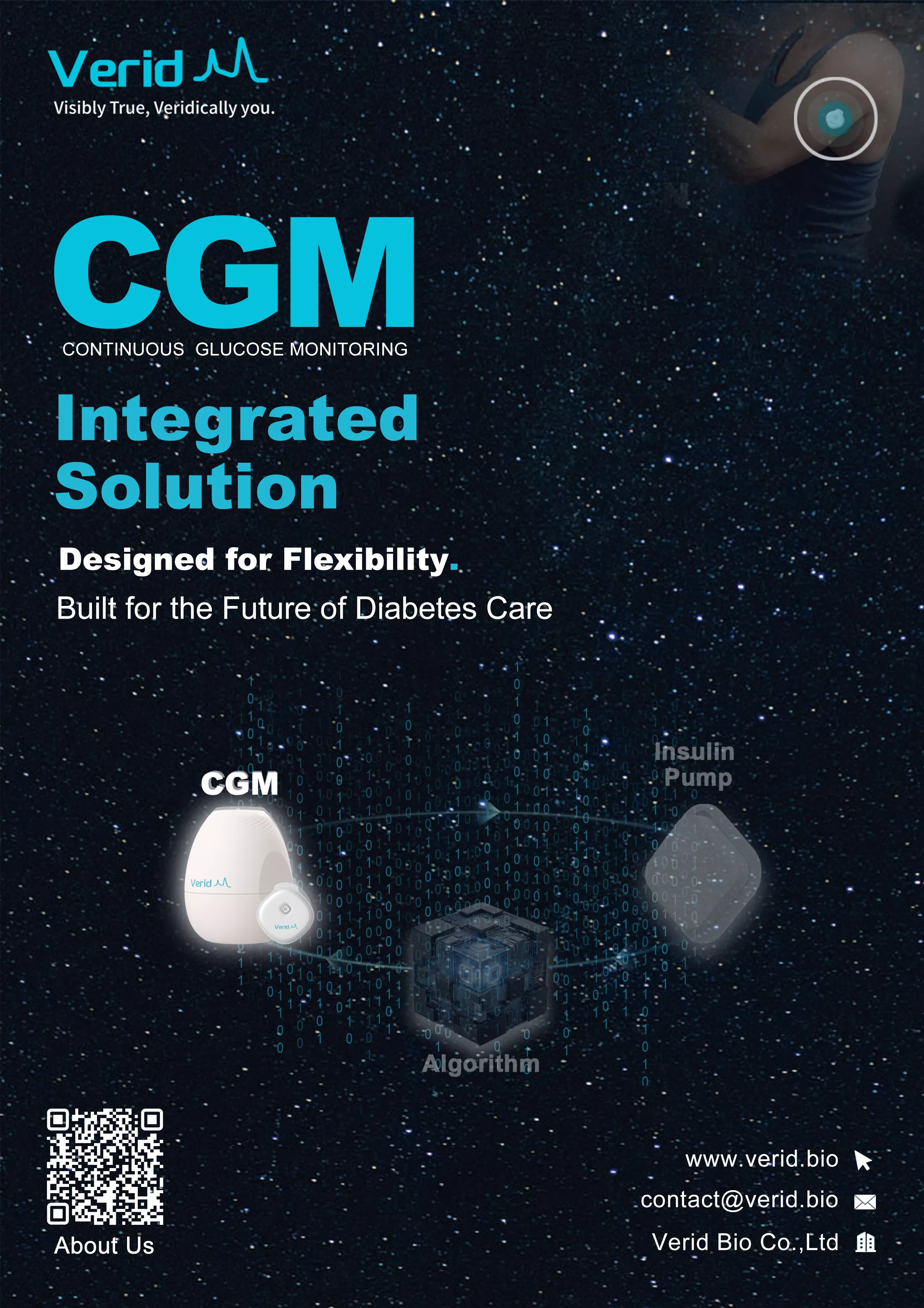 Verid Bio CGM Integrated Solution poster — designed for flexibility, built for the future of diabetes care